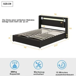 Lit rembourré 160 sur 200 avec éclairage LED lecteur Bluetooth port USB rangement en cuir PU sommier inclus noir élégant