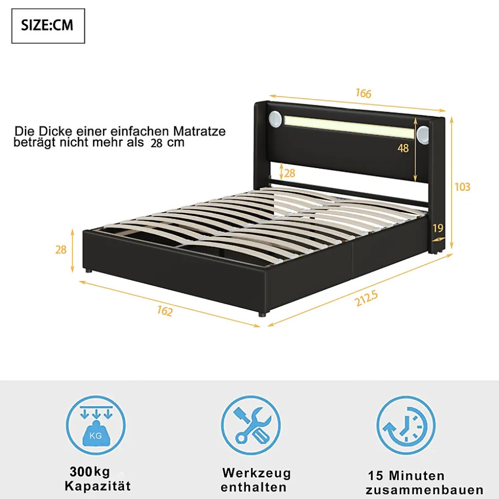 Lit rembourré 160 sur 200 avec éclairage LED lecteur Bluetooth port USB rangement en cuir PU sommier inclus noir élégant