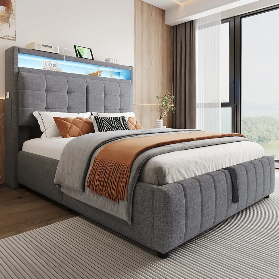Lit rembourré 140 sur 200 avec LED port USB tête rangement coffre hydraulique avec étagères tissu lin gris