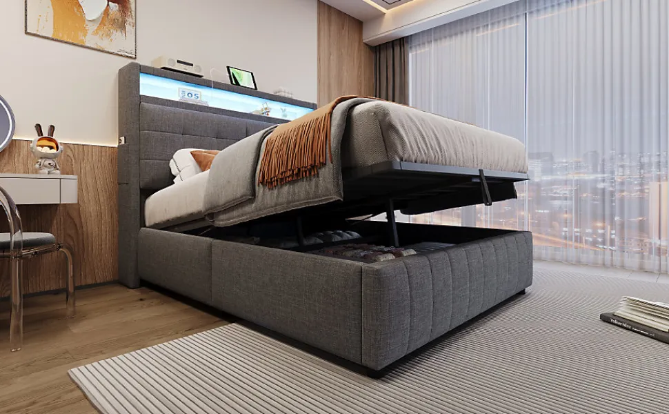 Lit rembourré 140 sur 200 avec LED port USB tête rangement coffre hydraulique avec étagères tissu lin gris