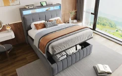 Lit rembourré 140 sur 200 avec LED port USB tête rangement coffre hydraulique avec étagères tissu lin gris