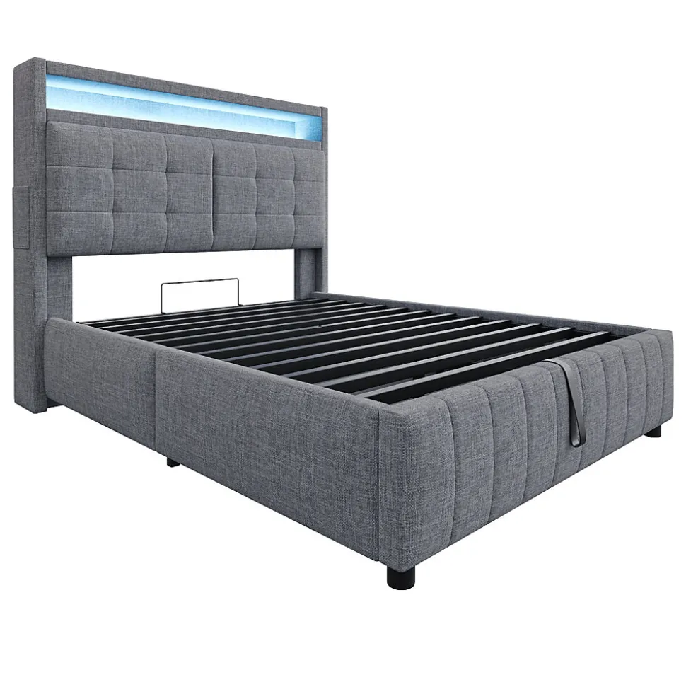 Lit rembourré 140 sur 200 avec LED port USB tête rangement coffre hydraulique avec étagères tissu lin gris