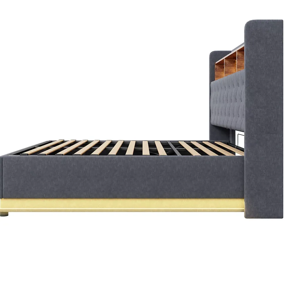 Lit rembourré 160 sur 200 avec rangement hydraulique éclairage LED port USB tissu lin gris moderne