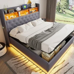 Lit rembourré 160 sur 200 avec rangement hydraulique éclairage LED port USB tissu lin gris moderne