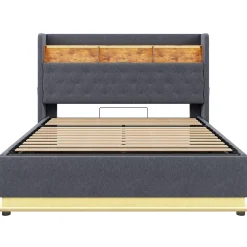 Lit rembourré 160 sur 200 avec rangement hydraulique éclairage LED port USB tissu lin gris moderne