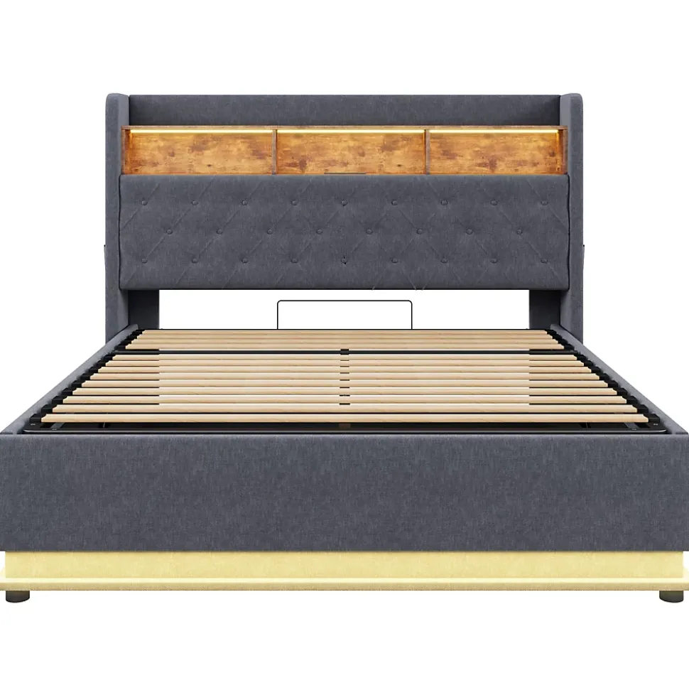 Lit rembourré 160 sur 200 avec rangement hydraulique éclairage LED port USB tissu lin gris moderne