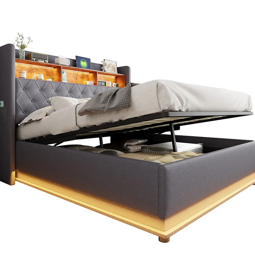 Lit rembourré 160 sur 200 avec rangement hydraulique éclairage LED port USB tissu lin gris moderne