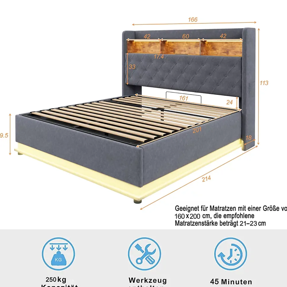 Lit rembourré 160 sur 200 avec rangement hydraulique éclairage LED port USB tissu lin gris moderne