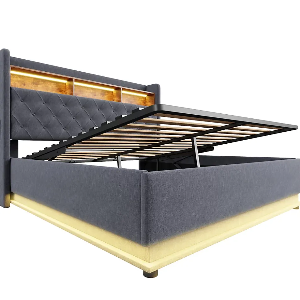 Lit rembourré 160 sur 200 avec rangement hydraulique éclairage LED port USB tissu lin gris moderne