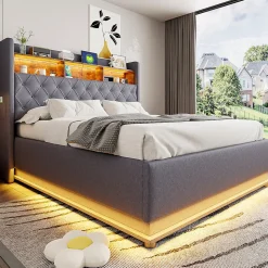 Lit rembourré 160 sur 200 avec rangement hydraulique éclairage LED port USB tissu lin gris moderne