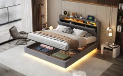 Lit rembourré 160 sur 200 cm cadre flottant hydraulique rangement éclairage LED port USB tête pivotante lin gris