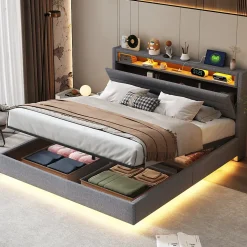 Lit rembourré 160 sur 200 cm cadre flottant hydraulique rangement éclairage LED port USB tête pivotante lin gris