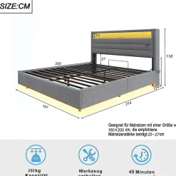 Lit rembourré 160 sur 200 cm cadre flottant hydraulique rangement éclairage LED port USB tête pivotante lin gris