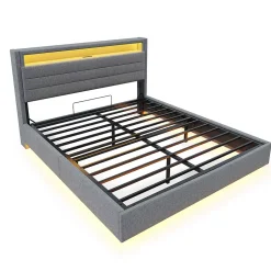 Lit rembourré 160 sur 200 cm cadre flottant hydraulique rangement éclairage LED port USB tête pivotante lin gris
