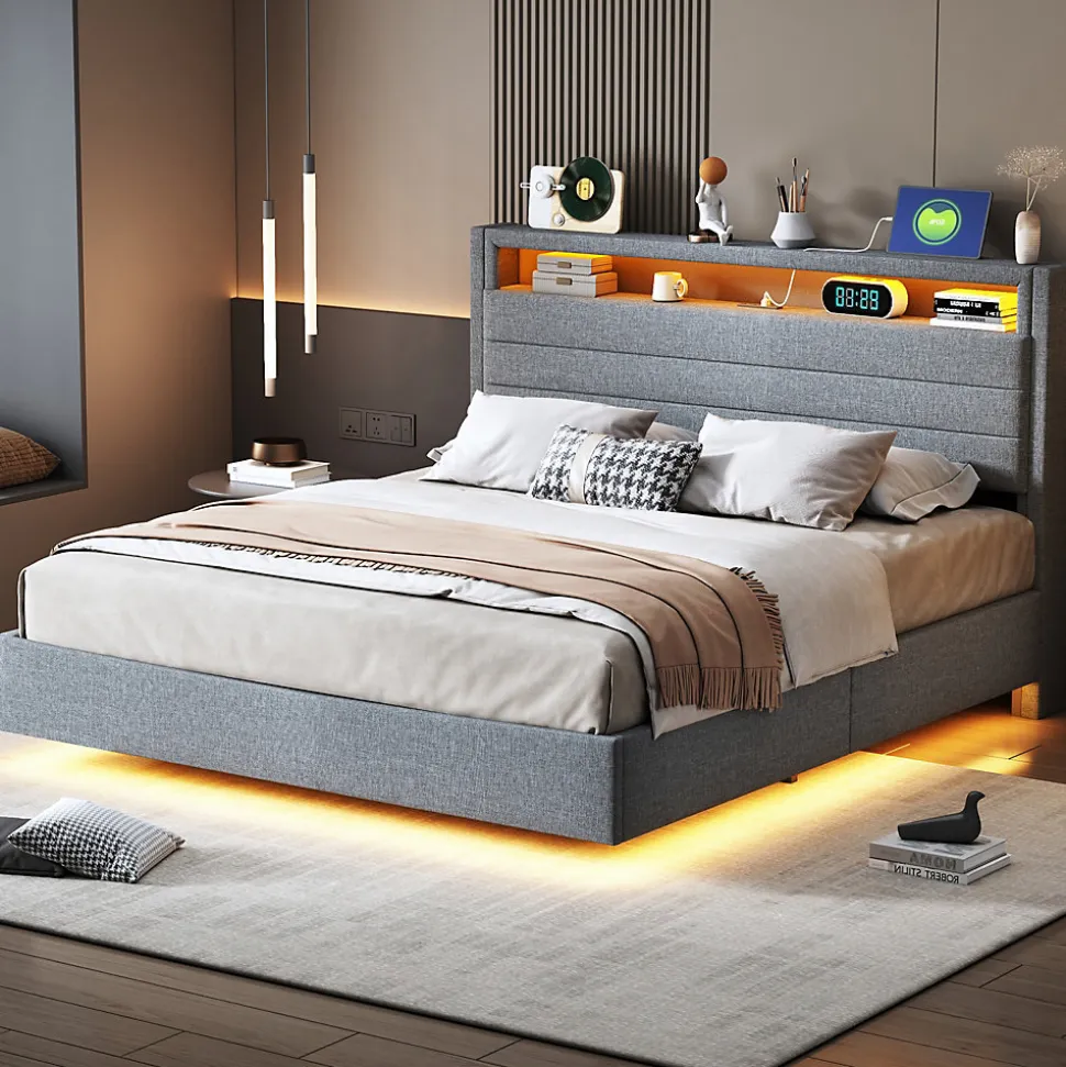 Lit rembourré 140 sur 200 cm cadre flottant hydraulique rangement éclairage LED port USB tête pivotante lin gris