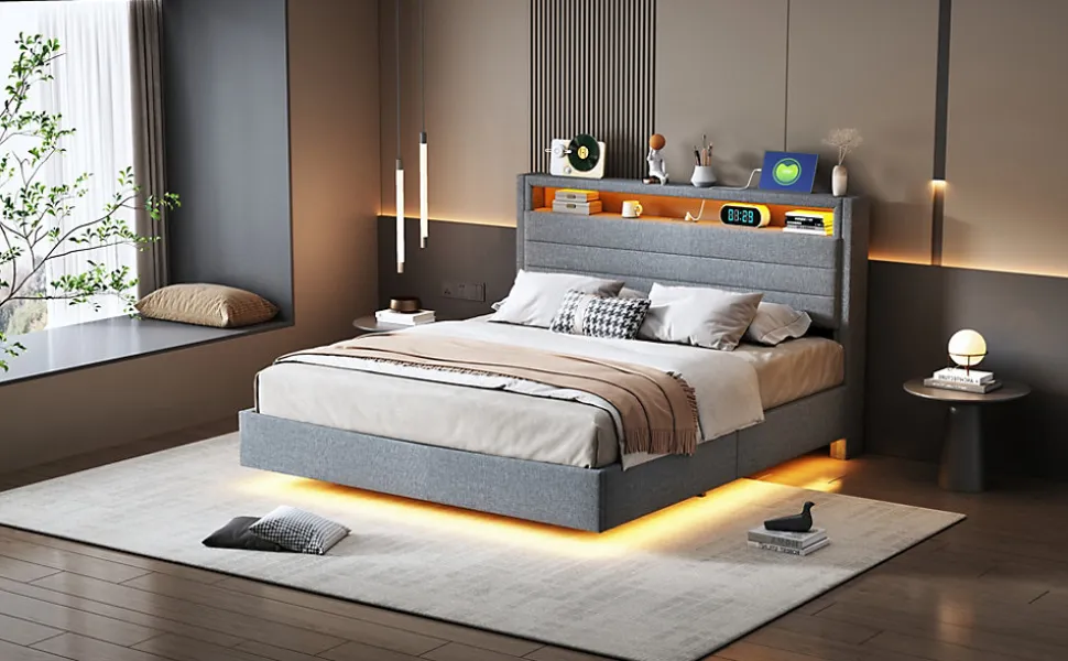 Lit rembourré 140 sur 200 cm cadre flottant hydraulique rangement éclairage LED port USB tête pivotante lin gris
