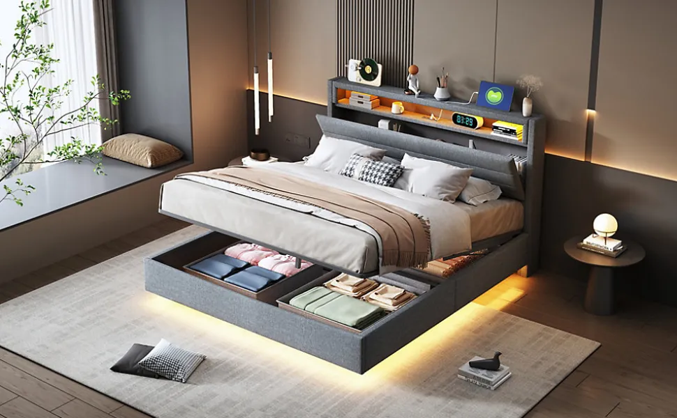 Lit rembourré 140 sur 200 cm cadre flottant hydraulique rangement éclairage LED port USB tête pivotante lin gris