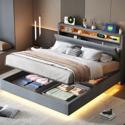 Lit rembourré 140 sur 200 cm cadre flottant hydraulique rangement éclairage LED port USB tête pivotante lin gris