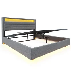 Lit rembourré 140 sur 200 cm cadre flottant hydraulique rangement éclairage LED port USB tête pivotante lin gris