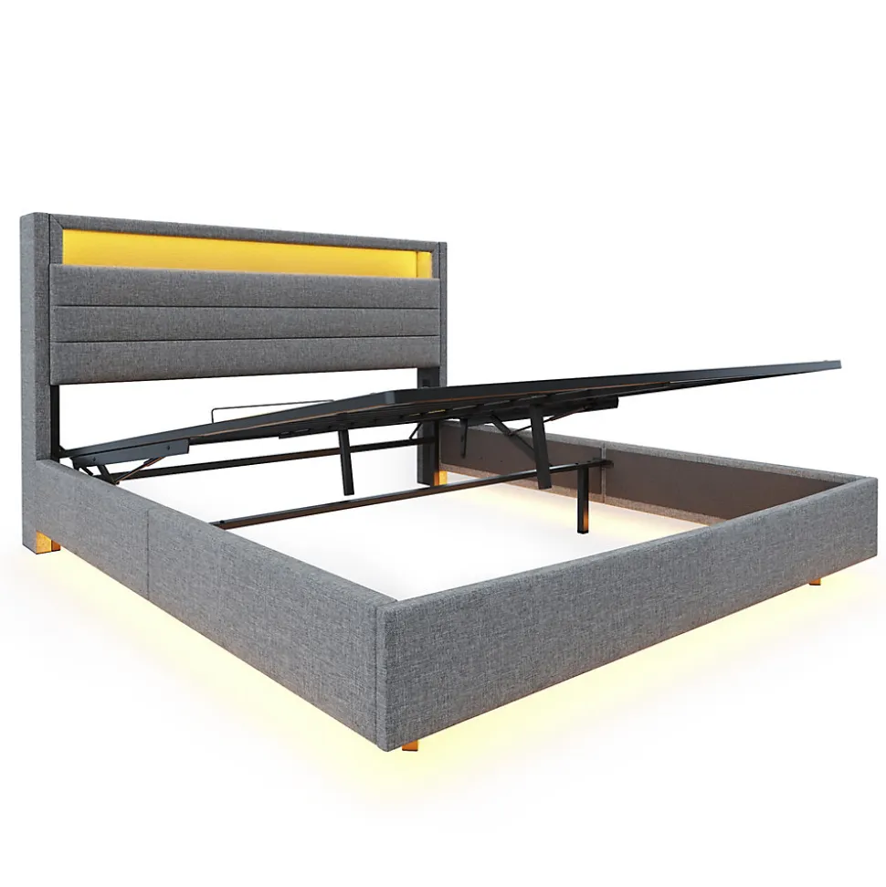 Lit rembourré 140 sur 200 cm cadre flottant hydraulique rangement éclairage LED port USB tête pivotante lin gris