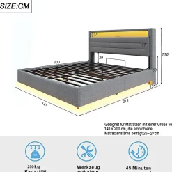 Lit rembourré 140 sur 200 cm cadre flottant hydraulique rangement éclairage LED port USB tête pivotante lin gris