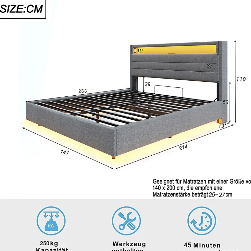 Lit rembourré 140 sur 200 cm cadre flottant hydraulique rangement éclairage LED port USB tête pivotante lin gris