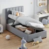 Lit rembourré 90 sur 200 cm coffre à rangement hydraulique tête de lit réglable tissu lin gris adultes ou adolescents