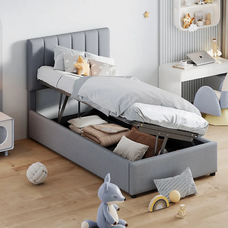 Lit rembourré 90 sur 200 cm coffre à rangement hydraulique tête de lit réglable tissu lin gris adultes ou adolescents