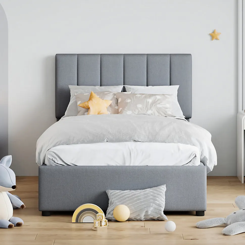 Lit rembourré 90 sur 200 cm coffre à rangement hydraulique tête de lit réglable tissu lin gris adultes ou adolescents