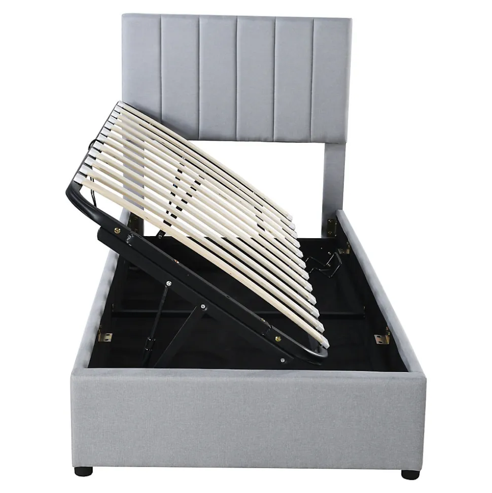 Lit rembourré 90 sur 200 cm coffre à rangement hydraulique tête de lit réglable tissu lin gris adultes ou adolescents