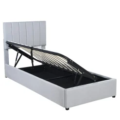 Lit rembourré 90 sur 200 cm coffre à rangement hydraulique tête de lit réglable tissu lin gris adultes ou adolescents