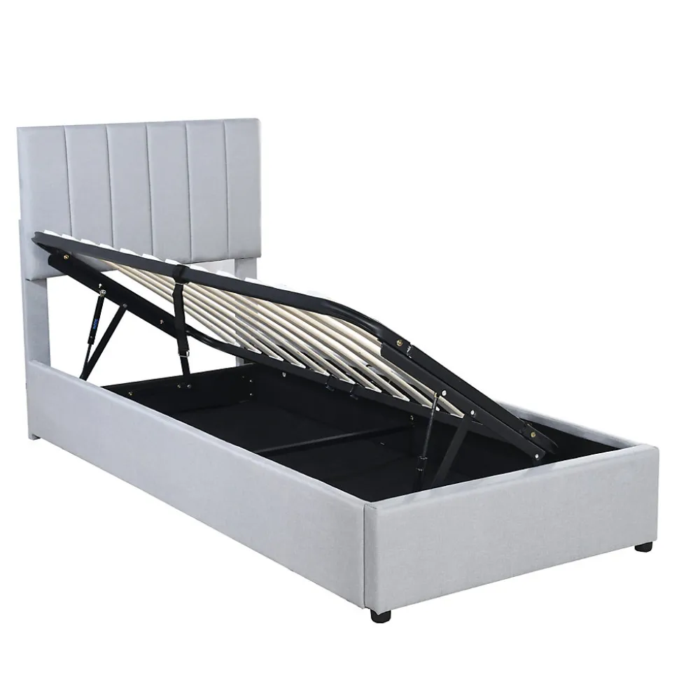 Lit rembourré 90 sur 200 cm coffre à rangement hydraulique tête de lit réglable tissu lin gris adultes ou adolescents