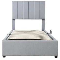 Lit rembourré 90 sur 200 cm coffre à rangement hydraulique tête de lit réglable tissu lin gris adultes ou adolescents