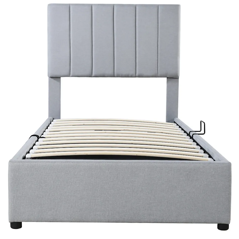 Lit rembourré 90 sur 200 cm coffre à rangement hydraulique tête de lit réglable tissu lin gris adultes ou adolescents