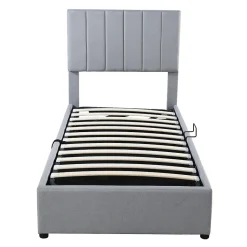 Lit rembourré 90 sur 200 cm coffre à rangement hydraulique tête de lit réglable tissu lin gris adultes ou adolescents