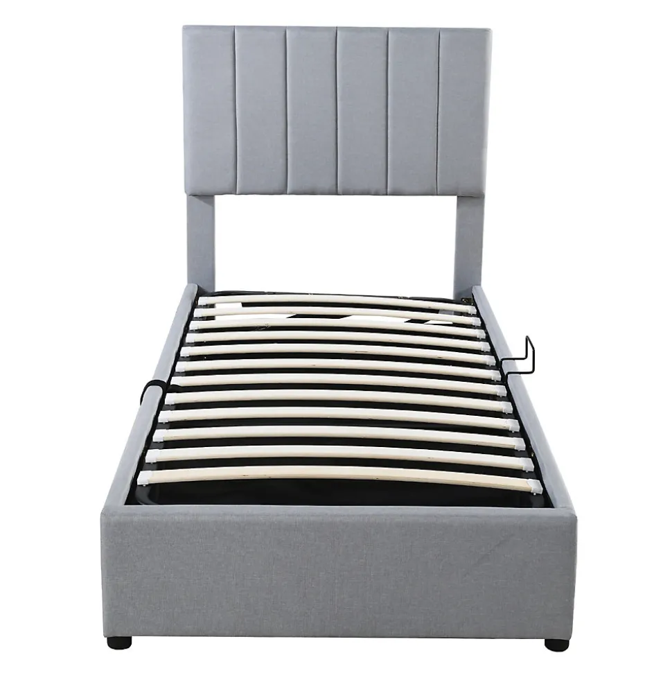 Lit rembourré 90 sur 200 cm coffre à rangement hydraulique tête de lit réglable tissu lin gris adultes ou adolescents