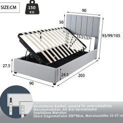 Lit rembourré 90 sur 200 cm coffre à rangement hydraulique tête de lit réglable tissu lin gris adultes ou adolescents
