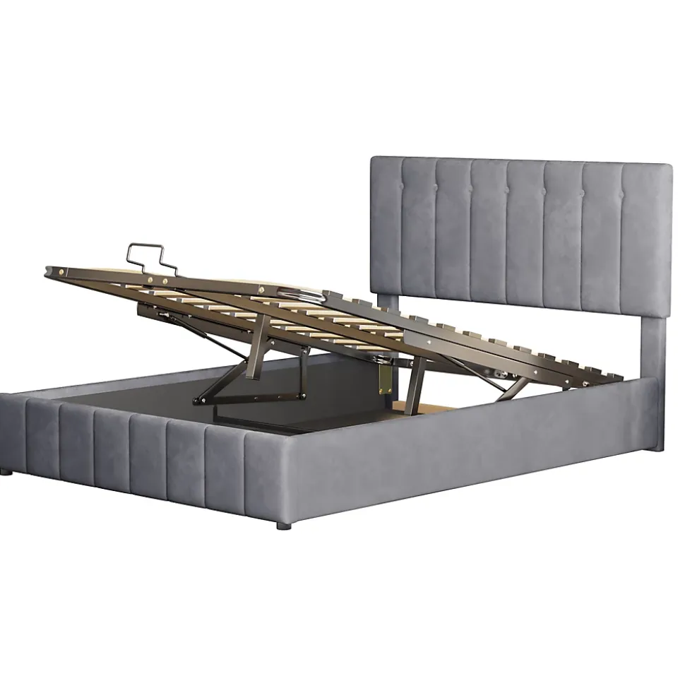Lit rembourré 140 sur 200 cm coffre hydraulique tête de lit réglable sommier métal velours gris pour adultes ou invités