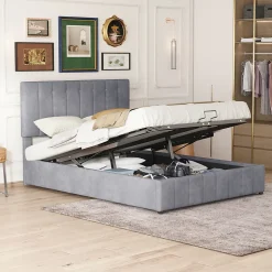 Lit rembourré 140 sur 200 cm coffre hydraulique tête de lit réglable sommier métal velours gris pour adultes ou invités