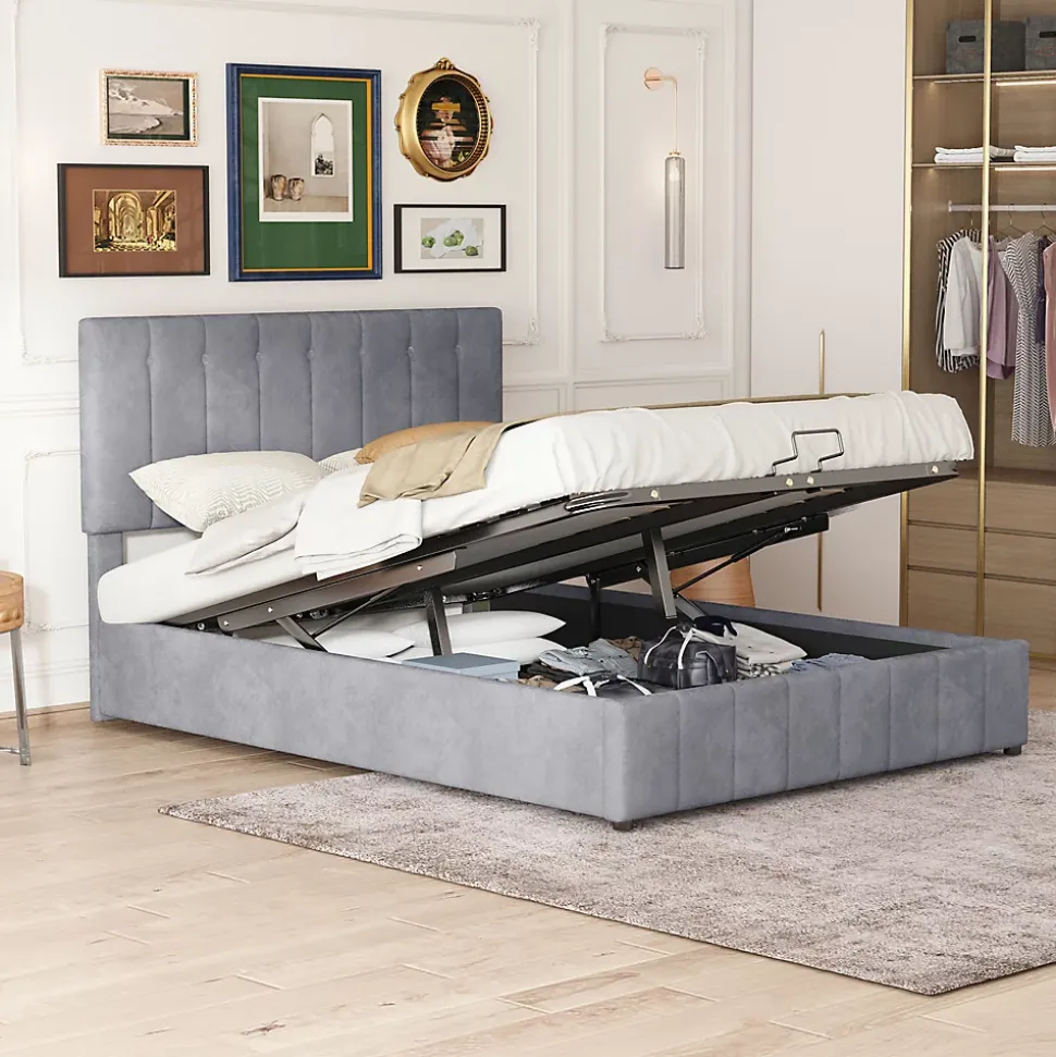 Lit rembourré 140 sur 200 cm coffre hydraulique tête de lit réglable sommier métal velours gris pour adultes ou invités
