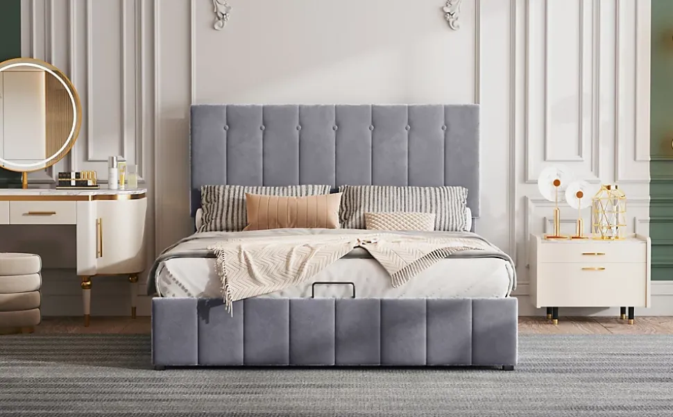 Lit rembourré 140 sur 200 cm coffre hydraulique tête de lit réglable sommier métal velours gris pour adultes ou invités