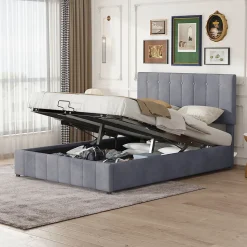 Lit rembourré 140 sur 200 cm coffre hydraulique tête de lit réglable sommier métal velours gris pour adultes ou invités
