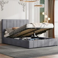 Lit rembourré 140 sur 200 cm coffre hydraulique tête de lit réglable sommier métal velours gris pour adultes ou invités