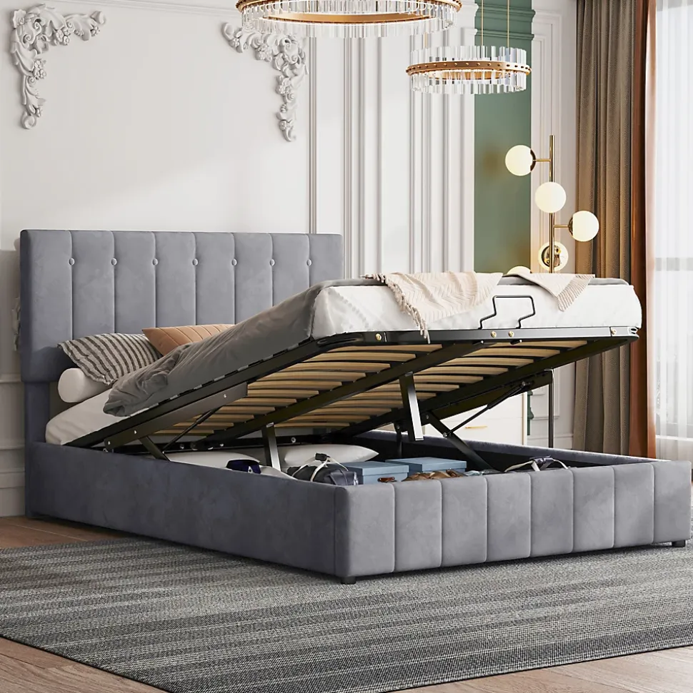 Lit rembourré 140 sur 200 cm coffre hydraulique tête de lit réglable sommier métal velours gris pour adultes ou invités