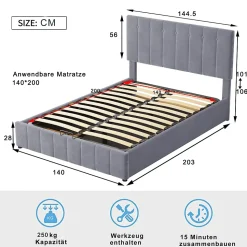 Lit rembourré 140 sur 200 cm coffre hydraulique tête de lit réglable sommier métal velours gris pour adultes ou invités