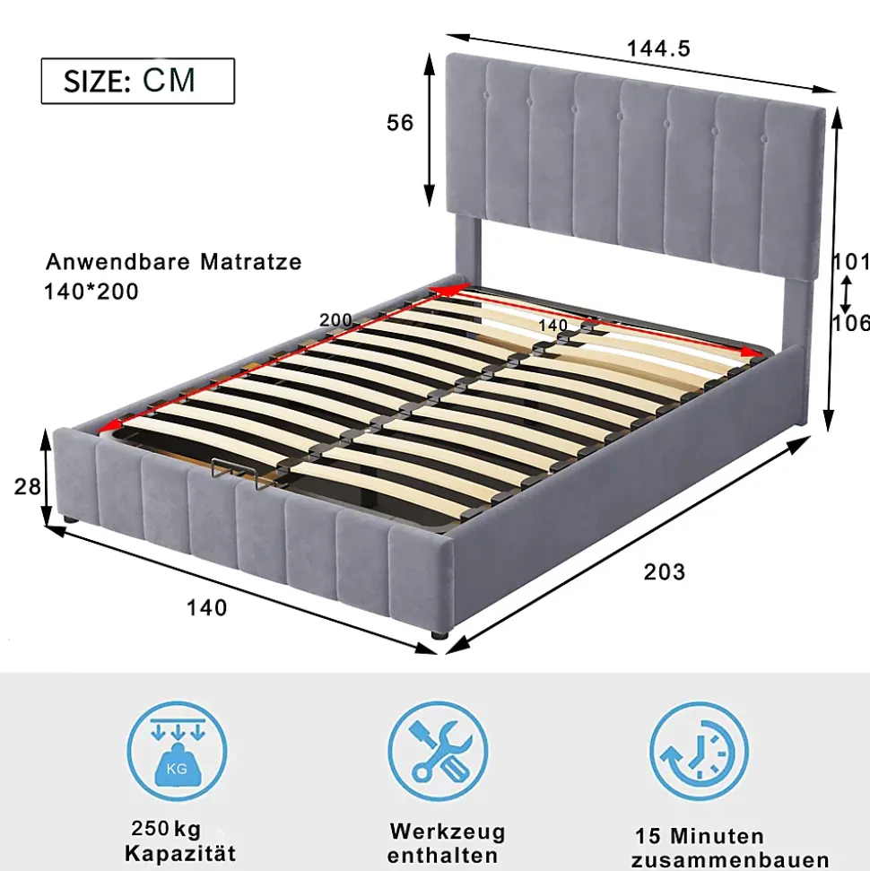 Lit rembourré 140 sur 200 cm coffre hydraulique tête de lit réglable sommier métal velours gris pour adultes ou invités