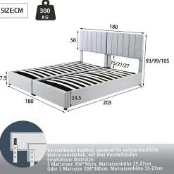 Lit rembourré 180 sur 200 cm coffre hydraulique tissu lin gris lit double multifonction adulte ou invité
