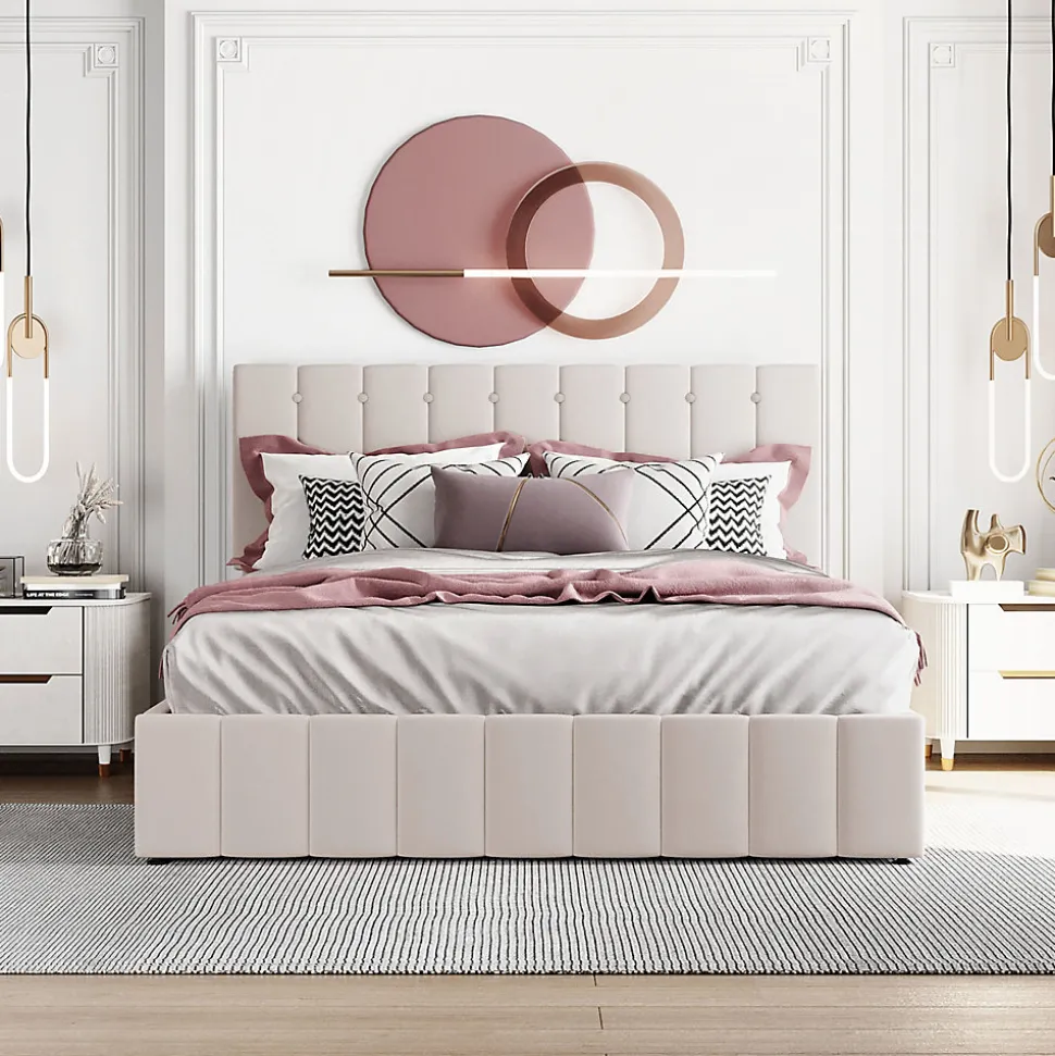 Lit rembourré 140 sur 200 cm coffre hydraulique tête de lit réglable sommier métal velours crème pour adultes ou invités