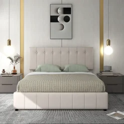 Lit rembourré 140 sur 200 cm coffre hydraulique tête de lit réglable sommier métal velours crème pour adultes ou invités