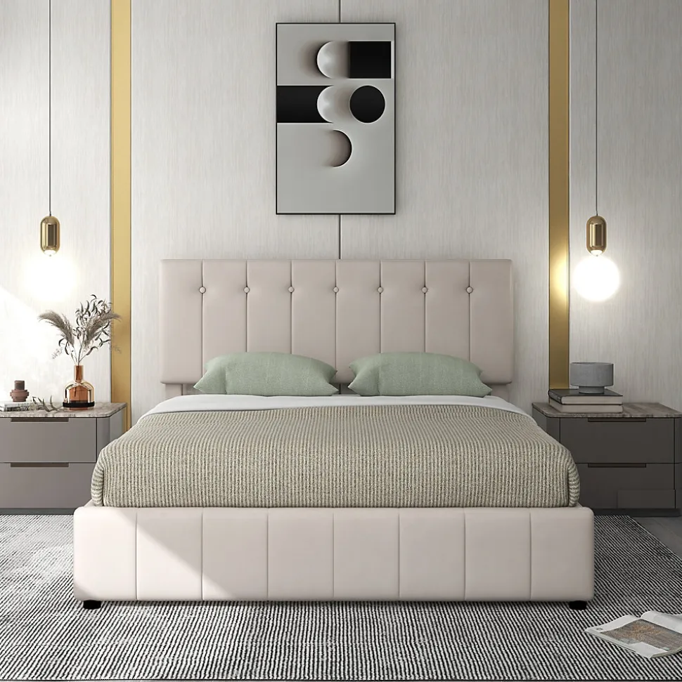 Lit rembourré 140 sur 200 cm coffre hydraulique tête de lit réglable sommier métal velours crème pour adultes ou invités